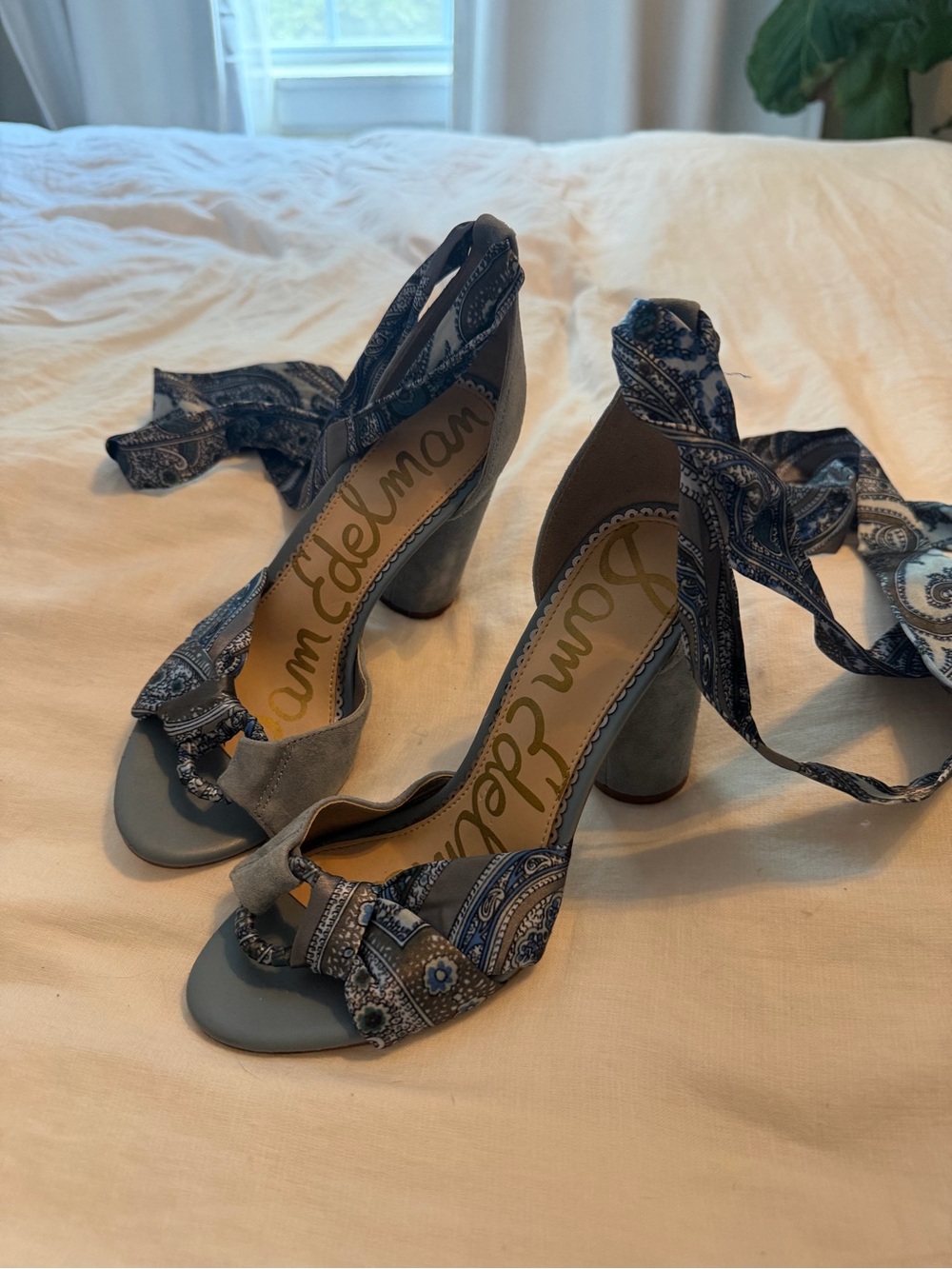 Sam Edelman Blue Paisley Ankle-Tie Block Heels